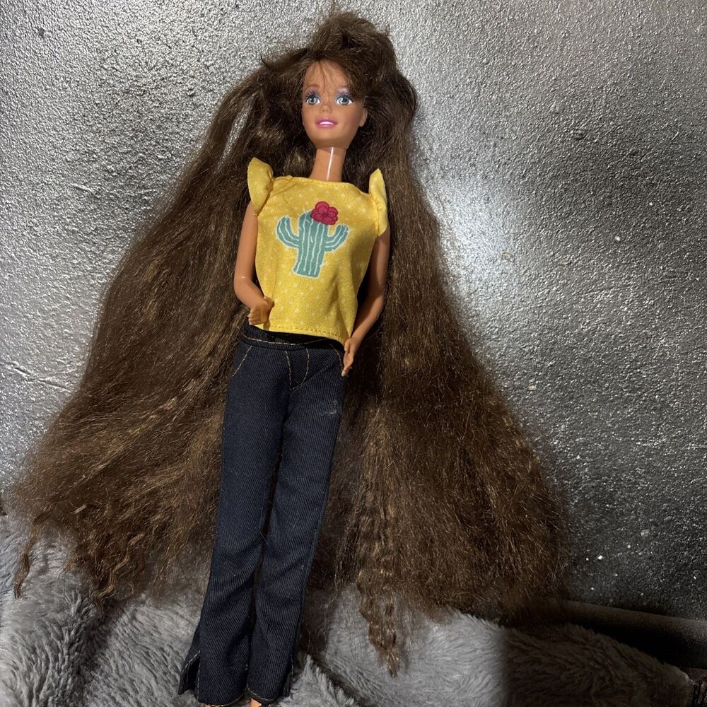 80s 90s TOTALLY HAIR BRUNETTE BARBIE DOLL Hair To Ankles No Earrings Redressed